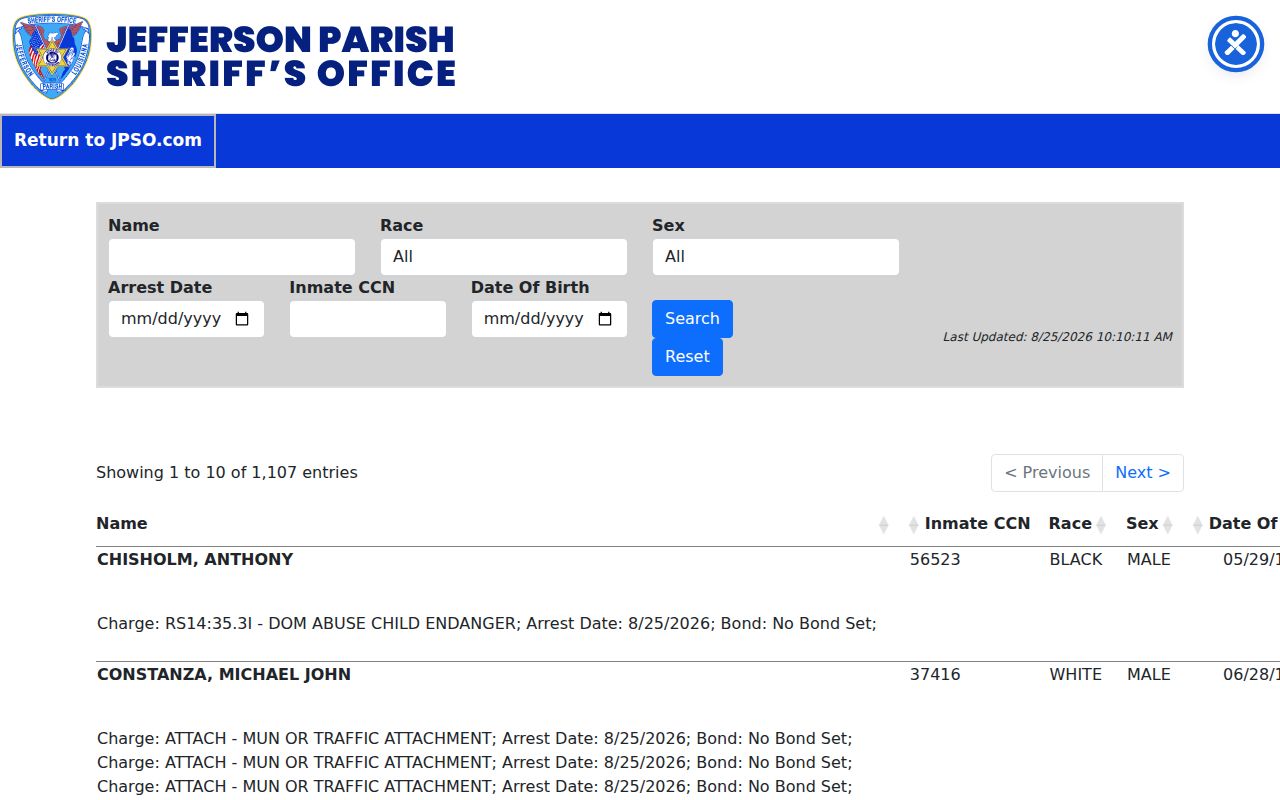 Harvey resident lookup showing the official JPSO inmate search fields