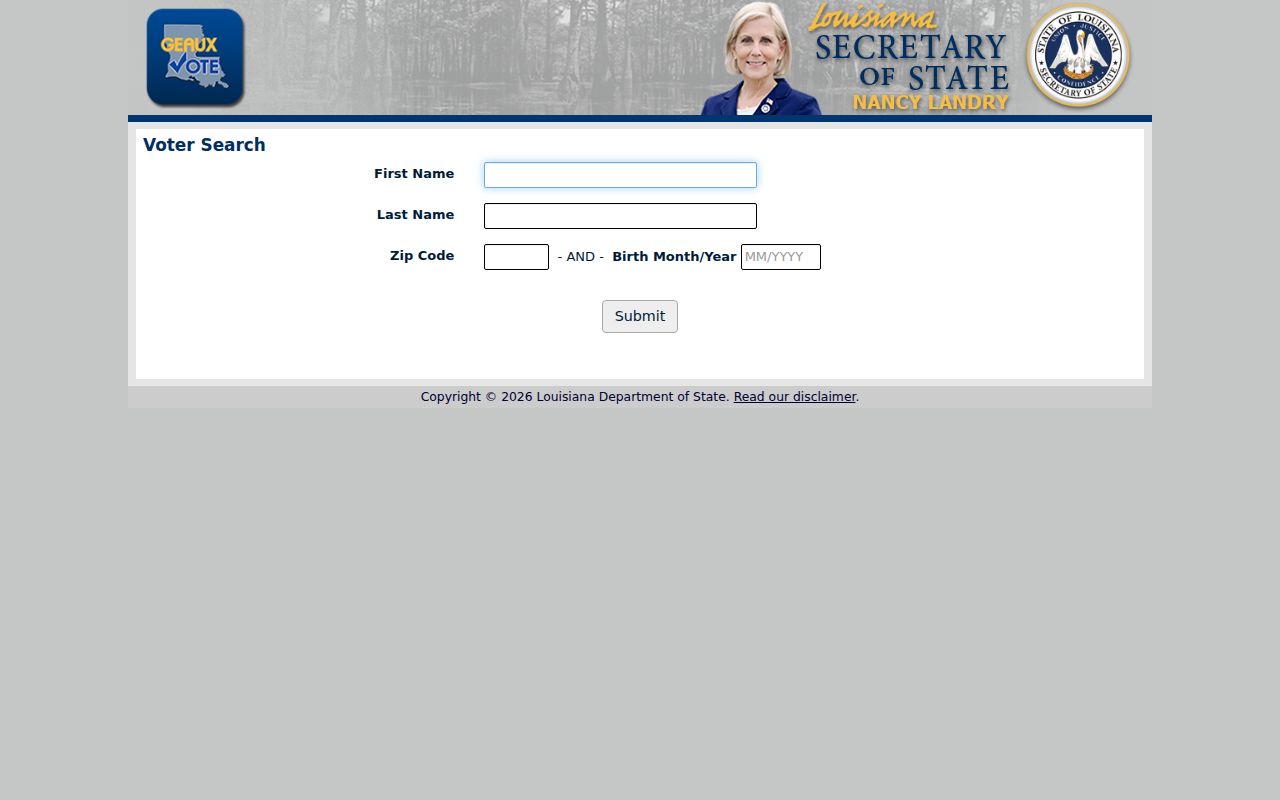 Harvey resident lookup fields on the Louisiana voter portal